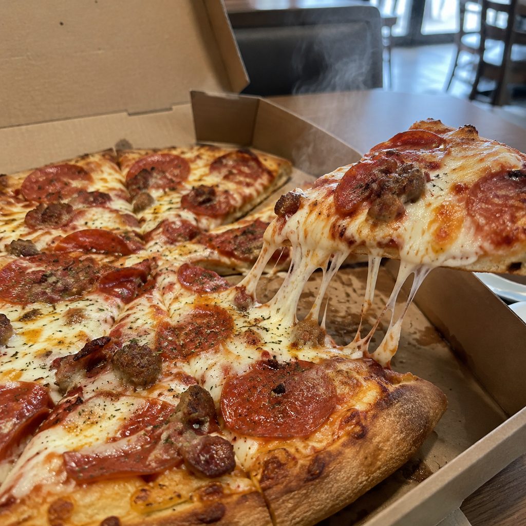 Fresh pizza, ready to box