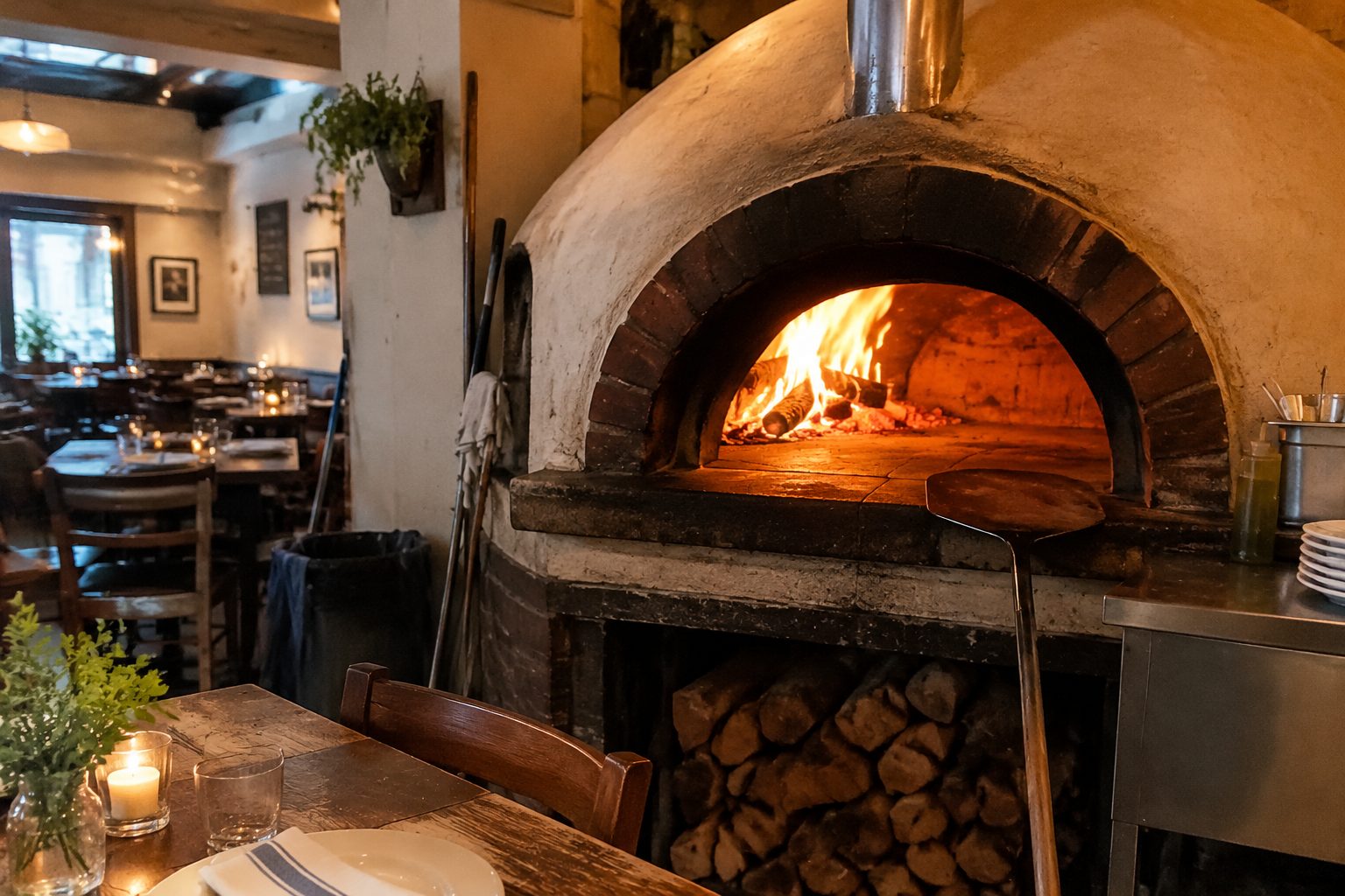 Wood-fired oven, flames glowing